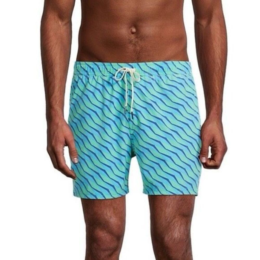Fair Harbor Men’s Size XXL Swim Trunks Blue Green Wave Print Lined Board Shorts
